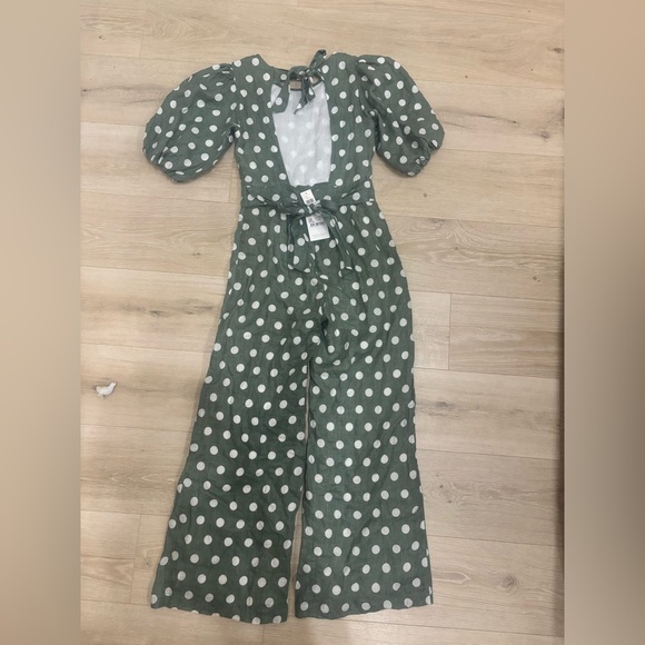NWT Anthropologie Faithfull the Brand Green Linen Open Back Polka Dot Jumpsuit - Picture 6 of 7